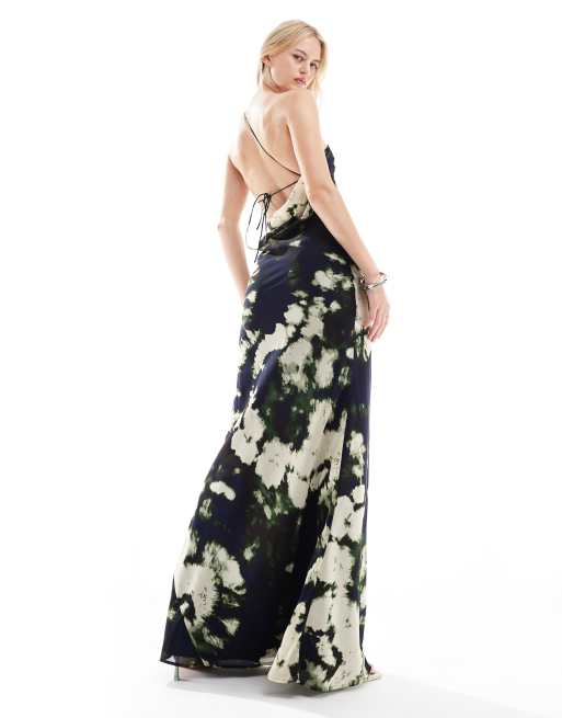 ASOS DESIGN Tall one shoulder maxi dress with open back in black abstract print