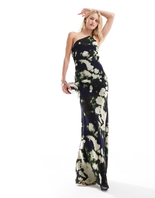 ASOS DESIGN Tall one shoulder maxi dress with open back in black abstract print