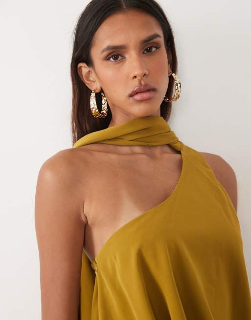 ASOS DESIGN Tall one shoulder maxikjole med bindebånd i halsen i okker, 3 af 4