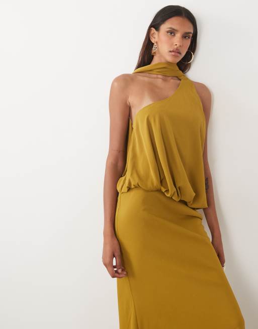 ASOS DESIGN Tall One-Shoulder-Maxikleid mit Bindehals in Ocker, 2 von 4