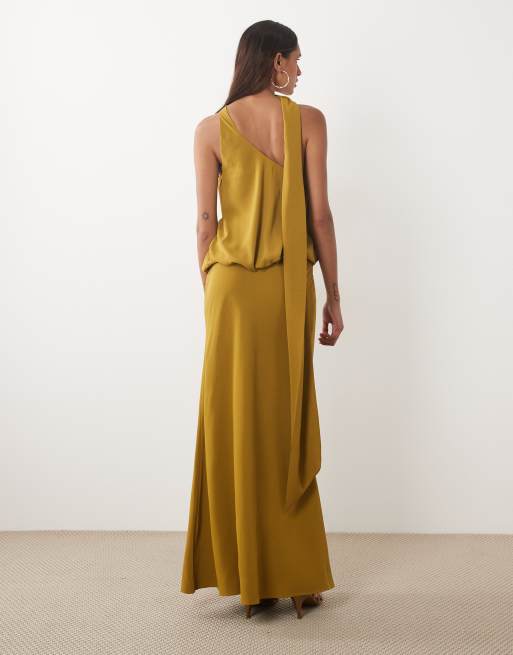 ASOS DESIGN Tall One-Shoulder-Maxikleid mit Bindehals in Ocker, 4 von 4