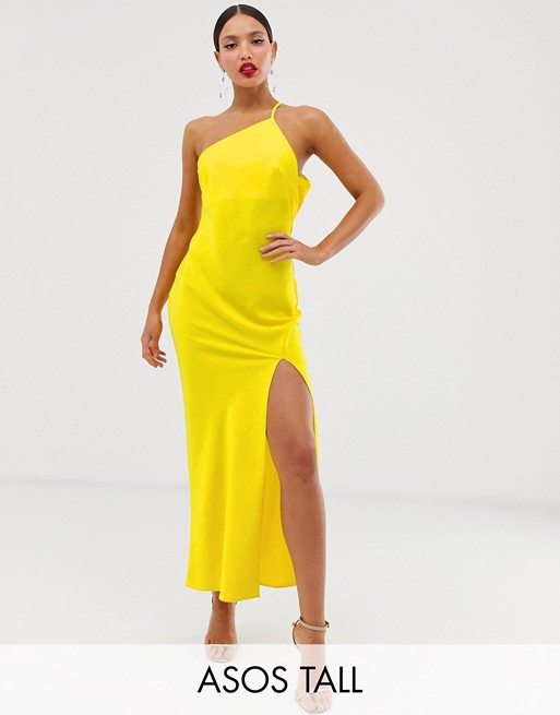 ASOS DESIGN Tall one shoulder midaxi dress in satin with drape back