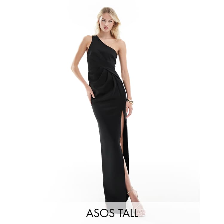 ASOS DESIGN Tall one shoulder pleat detail bodycon maxi dress in black