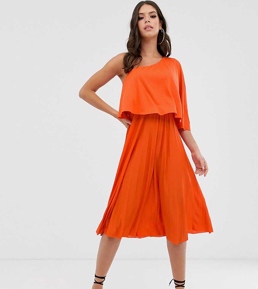 ASOS DESIGN Tall one shoulder pleated crop top midi dress-Orange