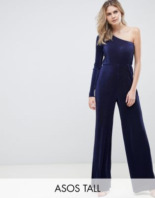 ASOS DESIGN Tall one shoulder plisse jumpsuit-Navy