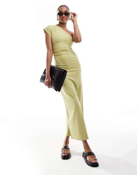 ASOS DESIGN Tall one shoulder ruched side midaxi dress in green - view 1