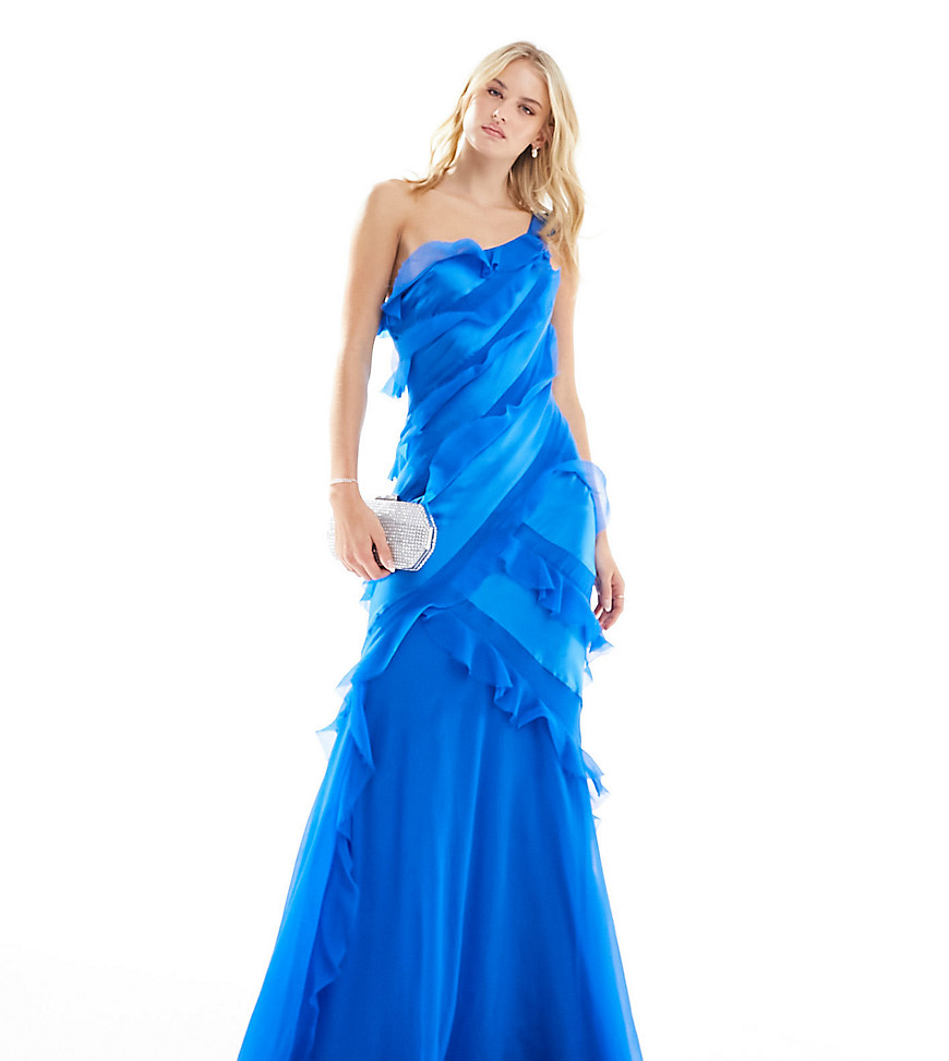 ASOS DESIGN Tall one-shoulder ruffle maxi dress with satin chiffon mix in cobalt blue
