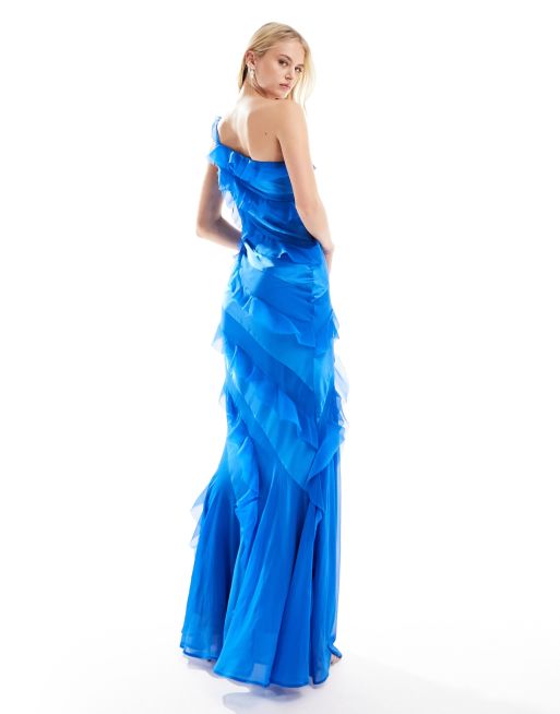 ASOS DESIGN Tall one shoulder ruffle maxi dress with satin chiffon mix in cobalt blue