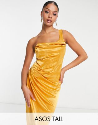 ASOS DESIGN Tall one shoulder satin drape corset detail midi dress in gold