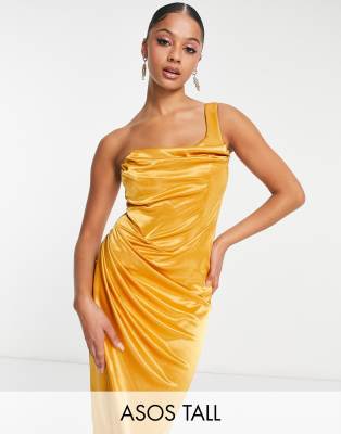 ASOS DESIGN Tall one shoulder satin drape corset detail midi dress in gold-Yellow