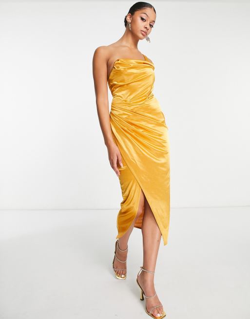 ASOS DESIGN Tall one shoulder satin drape corset detail midi dress in gold