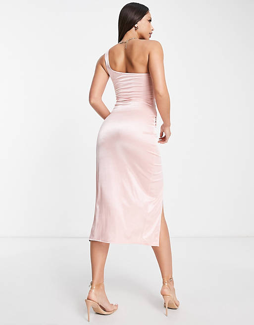 ASOS DESIGN Tall one shoulder satin drape corset detail midi dress in pink