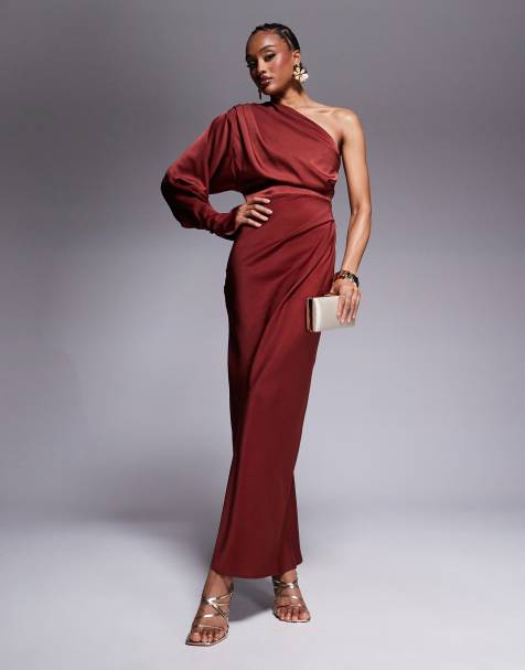 floor length wedding guest dress summer Rent Oh Polly Palermo Embellished Bandeau Cowl Neck Maxi Dress in Coral main image 1