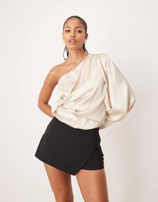 ASOS DESIGN Tall one shoulder satin wrap bodysuit in oyster-Neutral