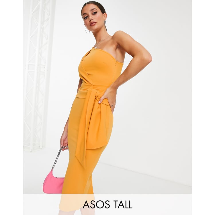 ASOS DESIGN Tall one shoulder side knot midi dress in mustard ASOS