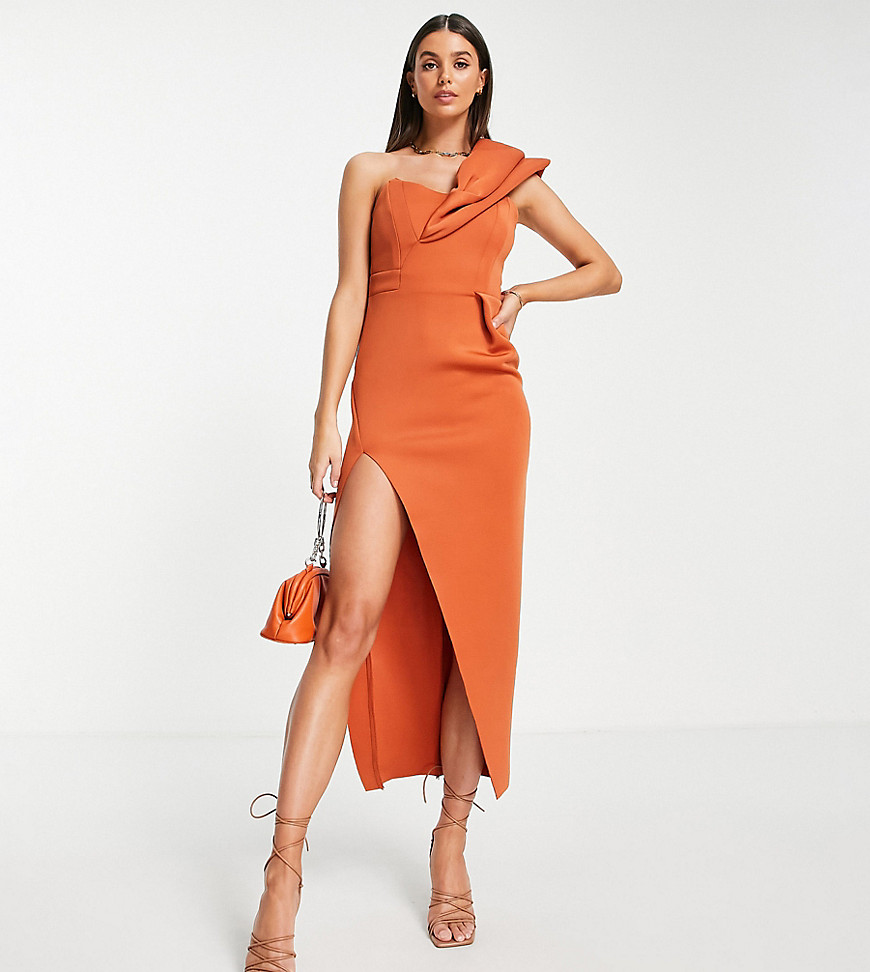 Asos Design Tall One Shoulder Tuck Bodycon Pencil Midi Dress In Rust-Red