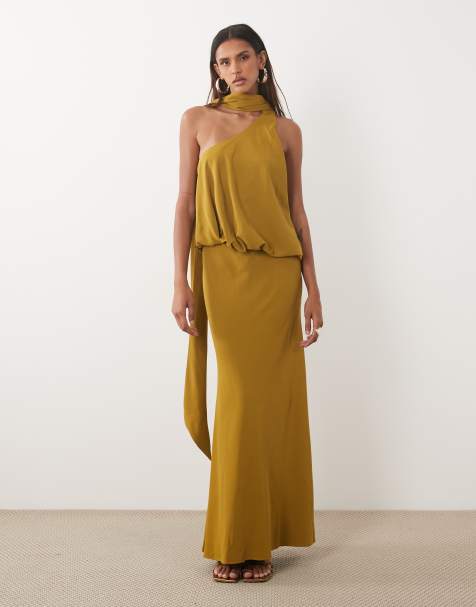 ASOS DESIGN Tall one shoulder with tie neck maxi dress in ochre - view 1