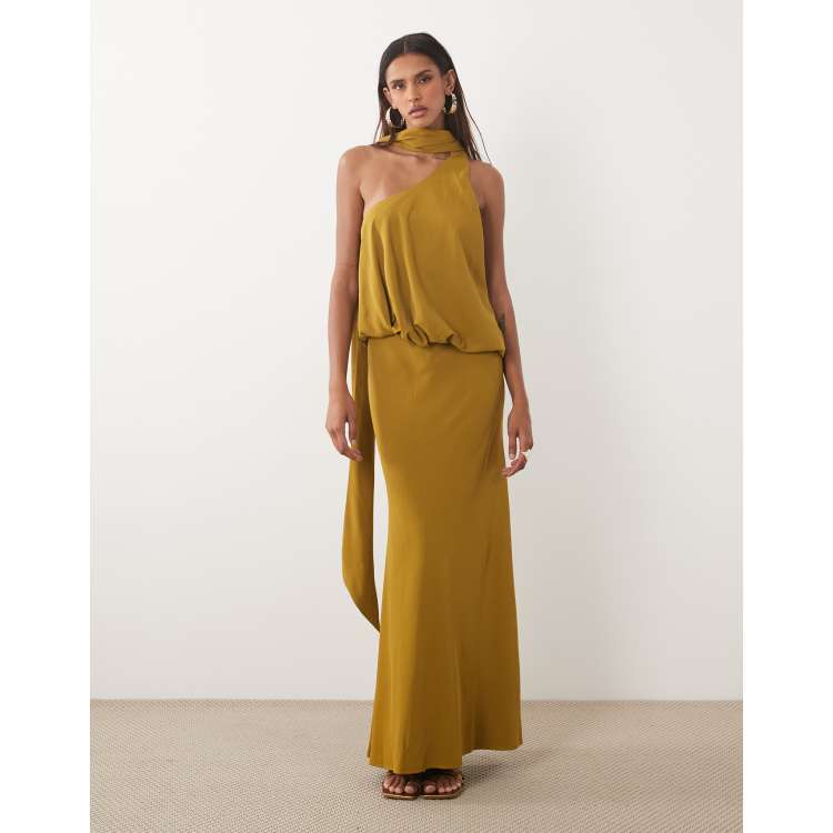 ochre bridesmaid dress ASOS DESIGN Tall one shoulder with tie neck maxi in Mustard yellow dress Size:Regular 2 (XS) Womens SER.O.YA Luna Maxi 6 Ideas for Unique Bell Sleeves