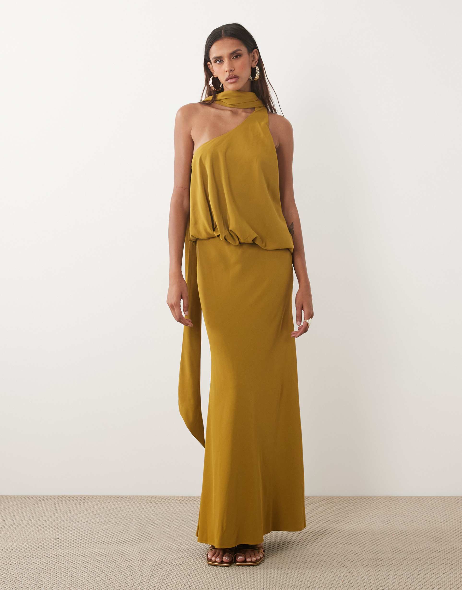 asos design tall one shoulder with tie neck maxi dress in ochre
