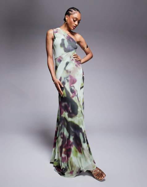 ASOS DESIGN Tall - Oneshoulder-maxikjole med synlige sømme, lang længde og abstrakt batikprint i mesh - view 1
