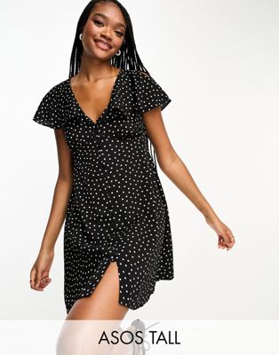 ASOS DESIGN Tall flutter sleeve mini tea dress with buttons in mono spot