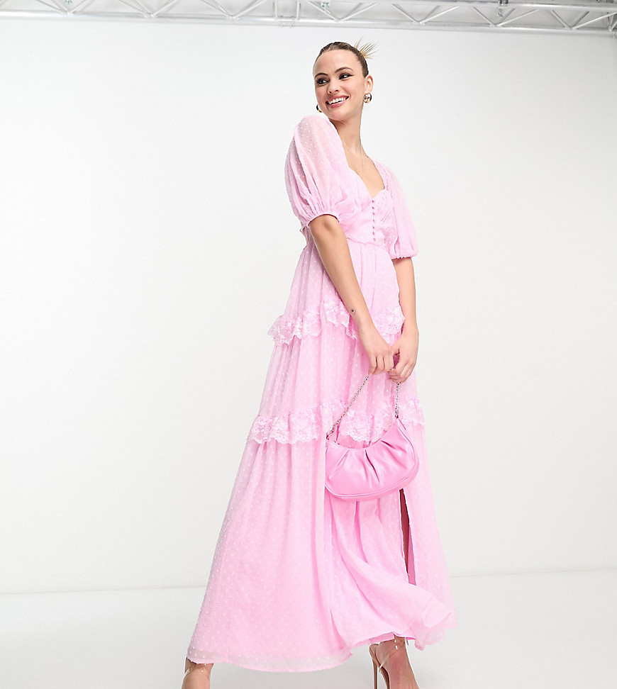 ASOS DESIGN Tall open back lace insert dobby maxi tea dress in light pink