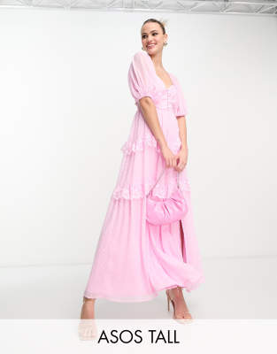 Asos Tall Asos Design Tall Open Back Lace Insert Textured Maxi Tea Dress In Light Pink