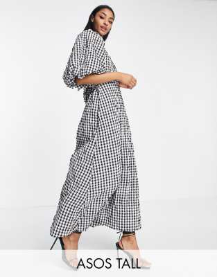 ASOS Tall ASOS DESIGN Tall open back puff sleeve maxi dress in textured mono gingham-Multi