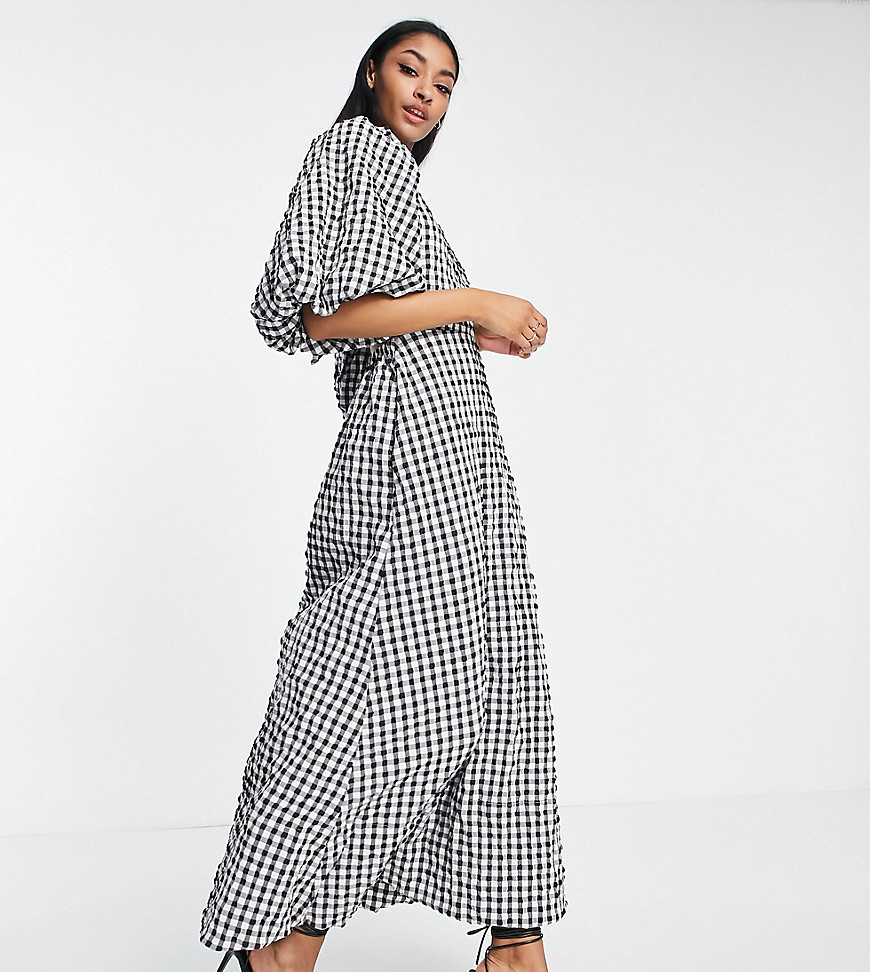 ASOS DESIGN Tall open back puff sleeve maxi dress in textured mono gingham-Multi