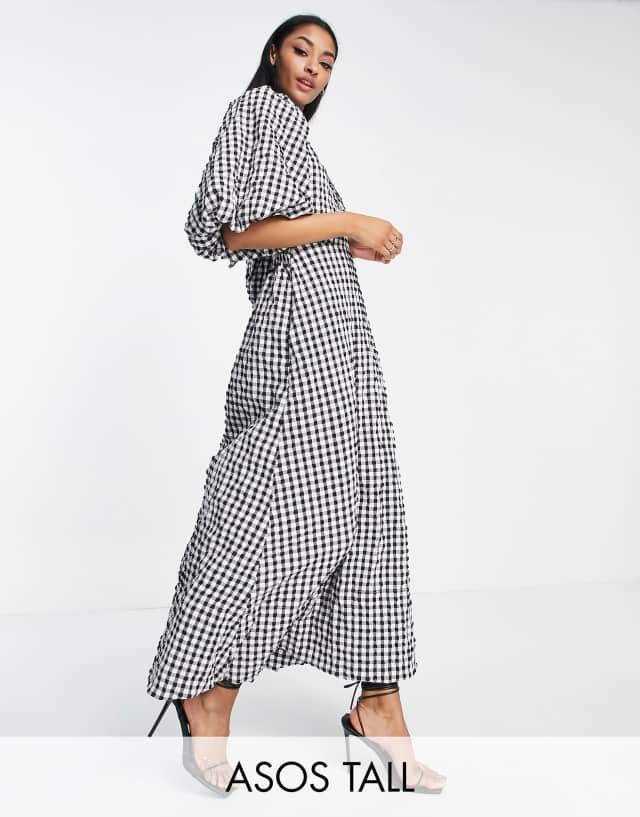 ASOS DESIGN Tall open back puff sleeve maxi dress in textured mono gingham