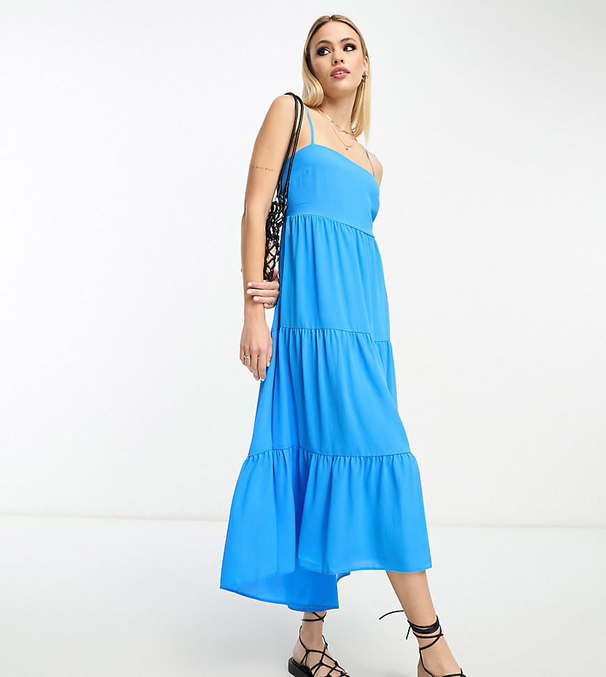 Asos Tall Asos Design Tall Open Back Tiered Hi Low Hem Maxi Dress In Blue