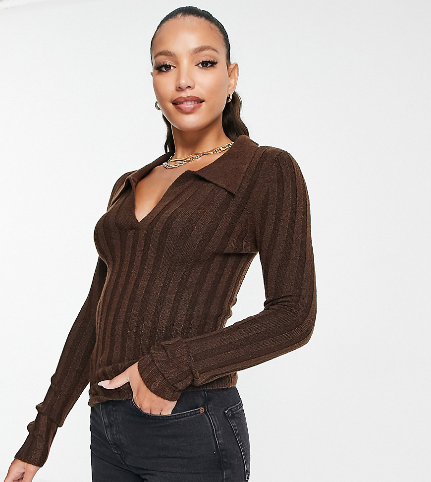 ASOS DESIGN Tall open collar rib sweater in brown