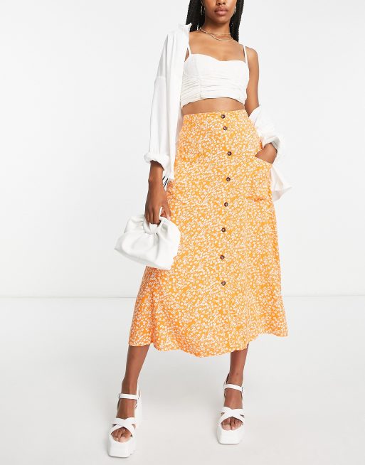 ASOS DESIGN Tall - Orange midinederdel med lomme og knapper i småblomstret print, 4 af 4