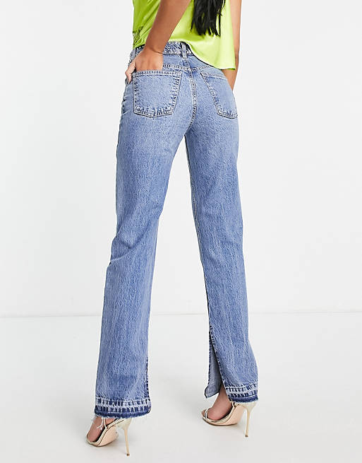 Women Tall organic cotton blend mid rise '90s' straight leg jean in midwash with diamante hotfix 