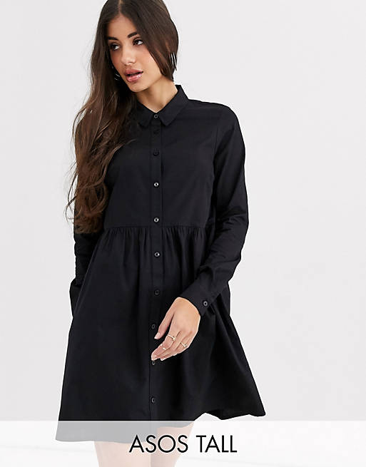 Women Tall organic cotton mini smock shirt dress in black 