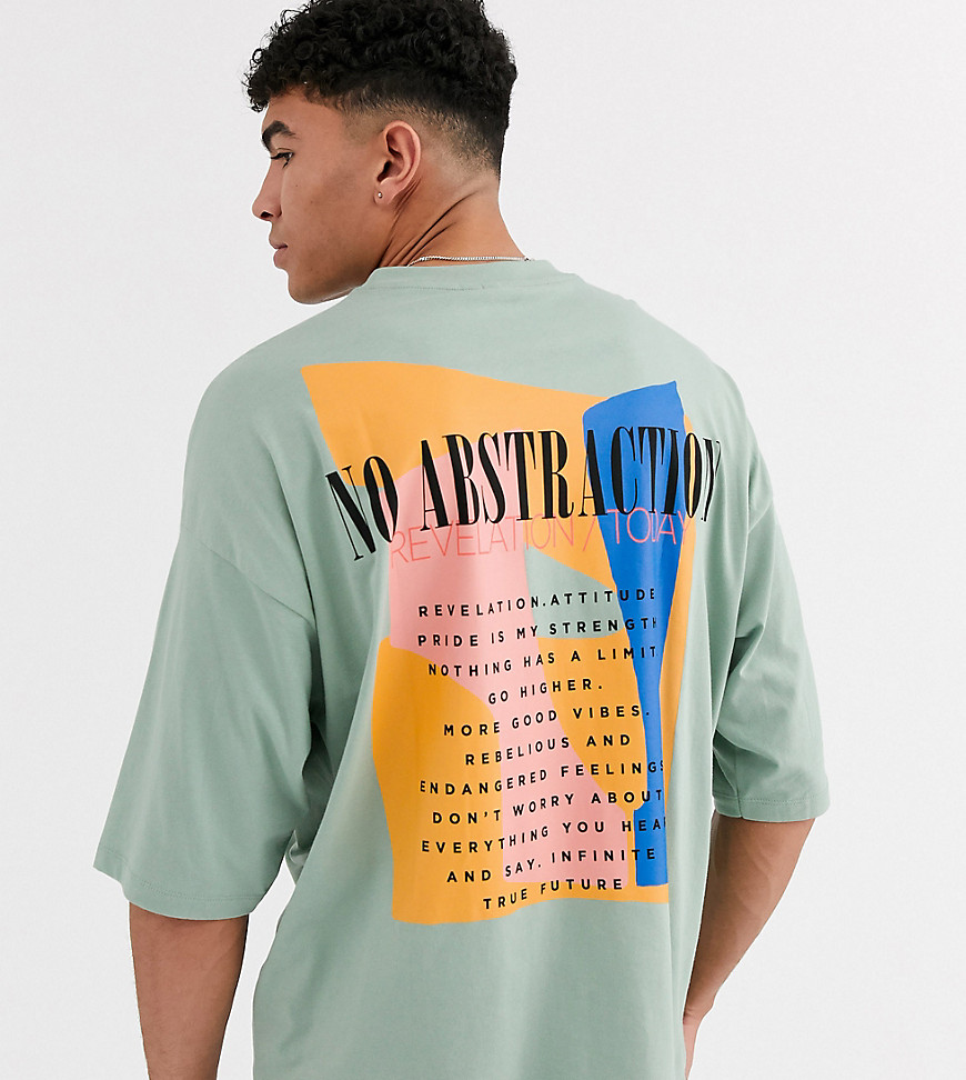 ASOS DESIGN Tall organic cotton oversized t-shirt with large back and small chest abstract print-Green