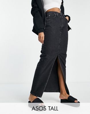 ASOS DESIGN Tall denim '90's' maxi skirt in washed black - BLACK
