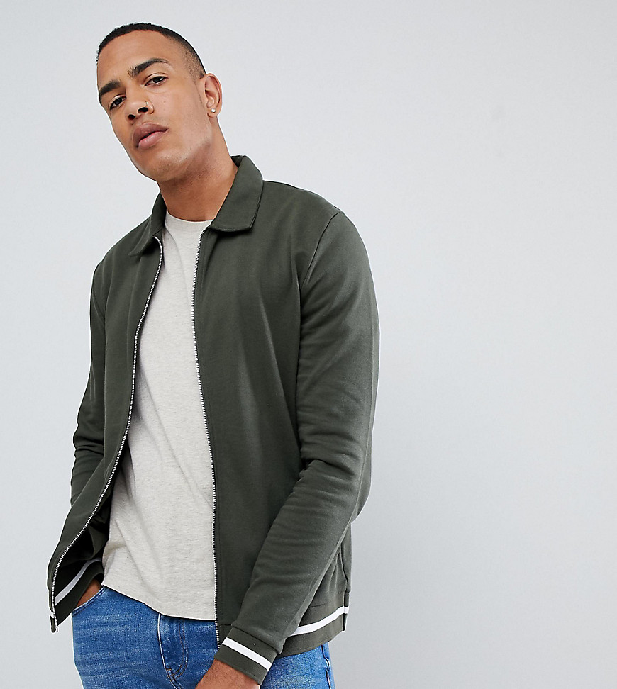 ASOS DESIGN Tall organic jersey harrington jacket in black with white tipping-Green