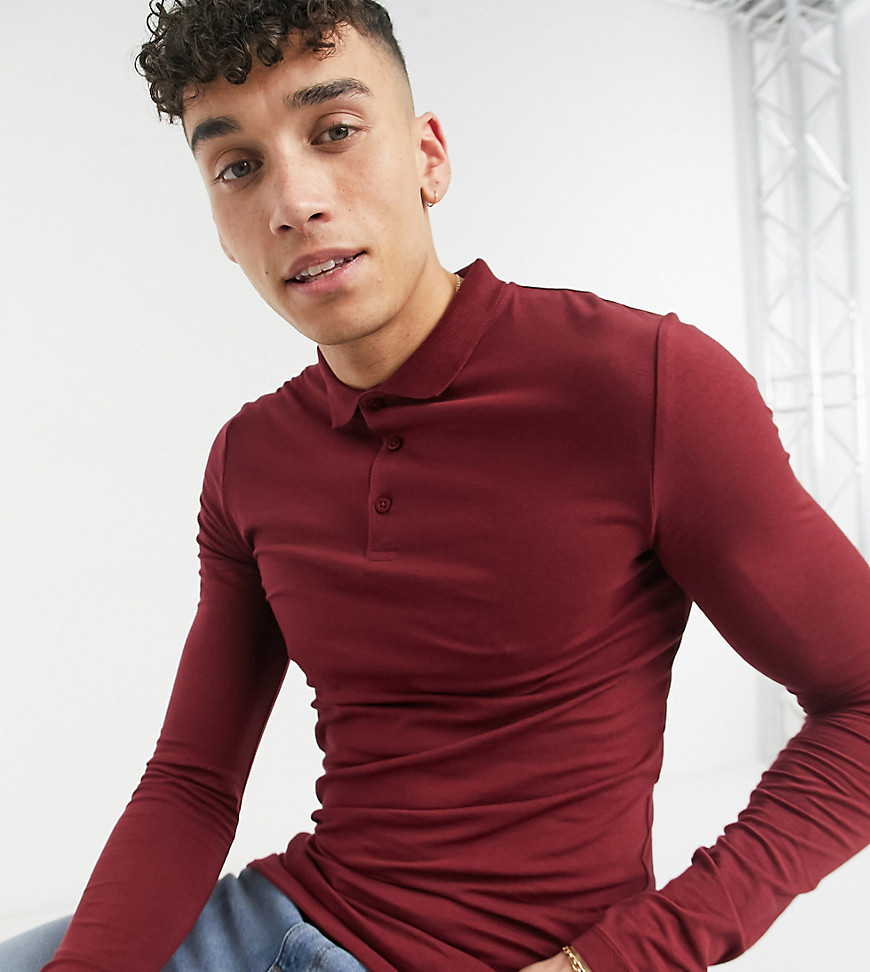 ASOS DESIGN Tall organic long sleeve muscle fit polo in burgundy-Red