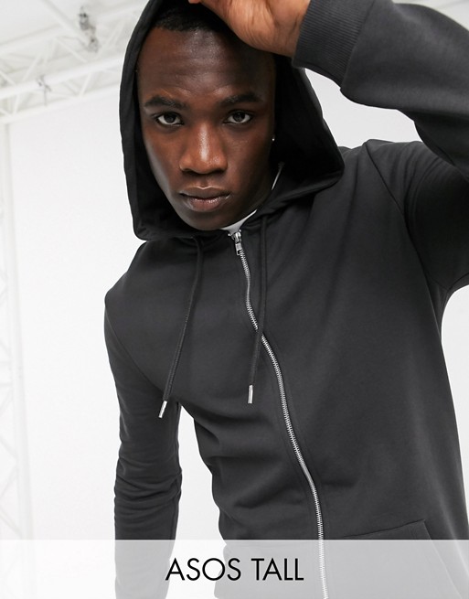 ASOS DESIGN Tall organic longer length zip up hoodie in washed black