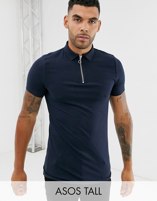 ASOS DESIGN Tall organic muscle fit jersey polo with zip neck in navy