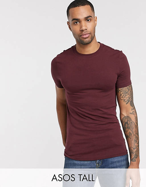 ASOS DESIGN Tall organic muscle fit t-shirt with crew neck in burgundy ...