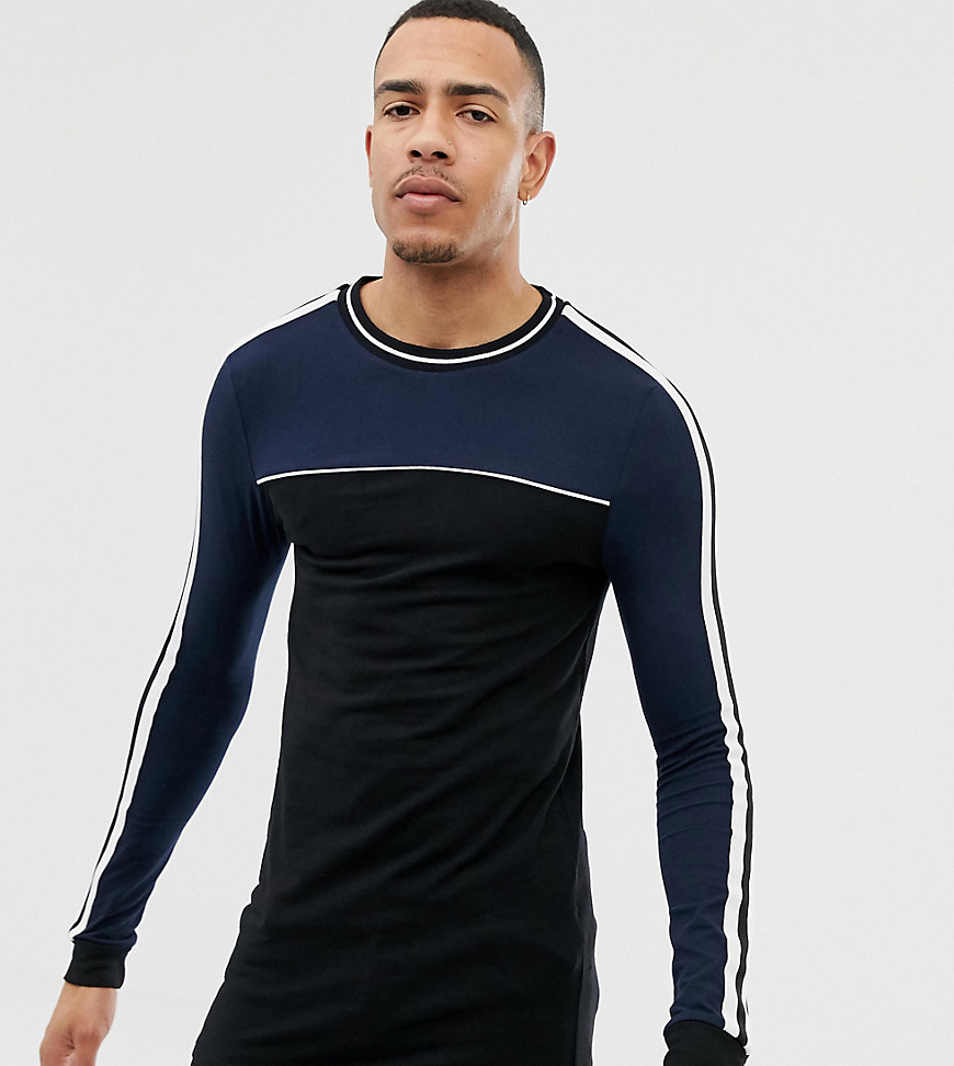 ASOS DESIGN Tall organic muscle longline long sleeve t-shirt with stretch contrast yoke and taping in black
