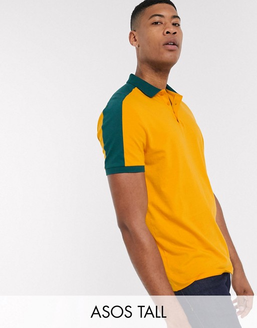 ASOS DESIGN Tall organic polo shirt with contrast shoulder panel in yellow