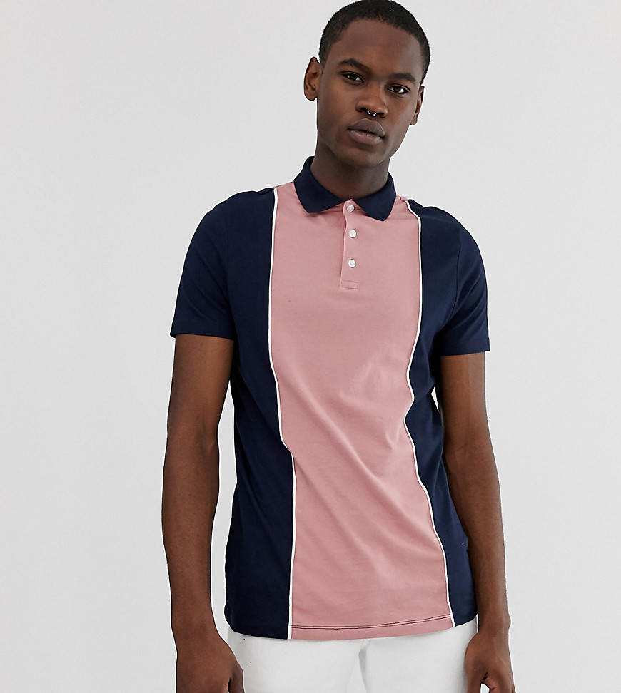 ASOS DESIGN Tall organic polo shirt with vertical colour blocking in navy