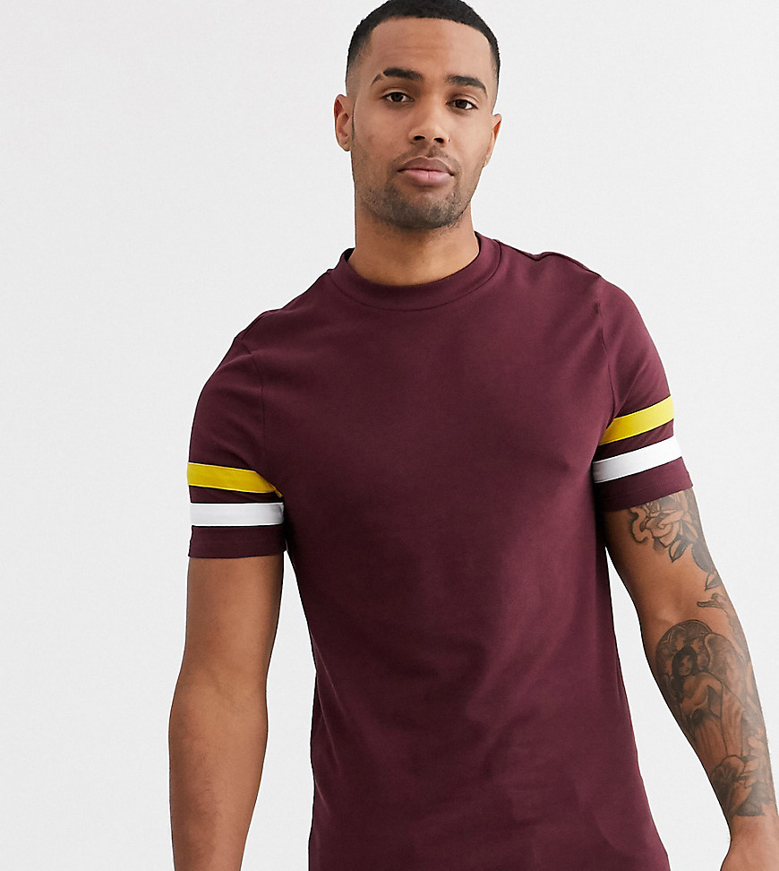 ASOS DESIGN Tall organic skinny t-shirt with contrast sleeve stripes-Red