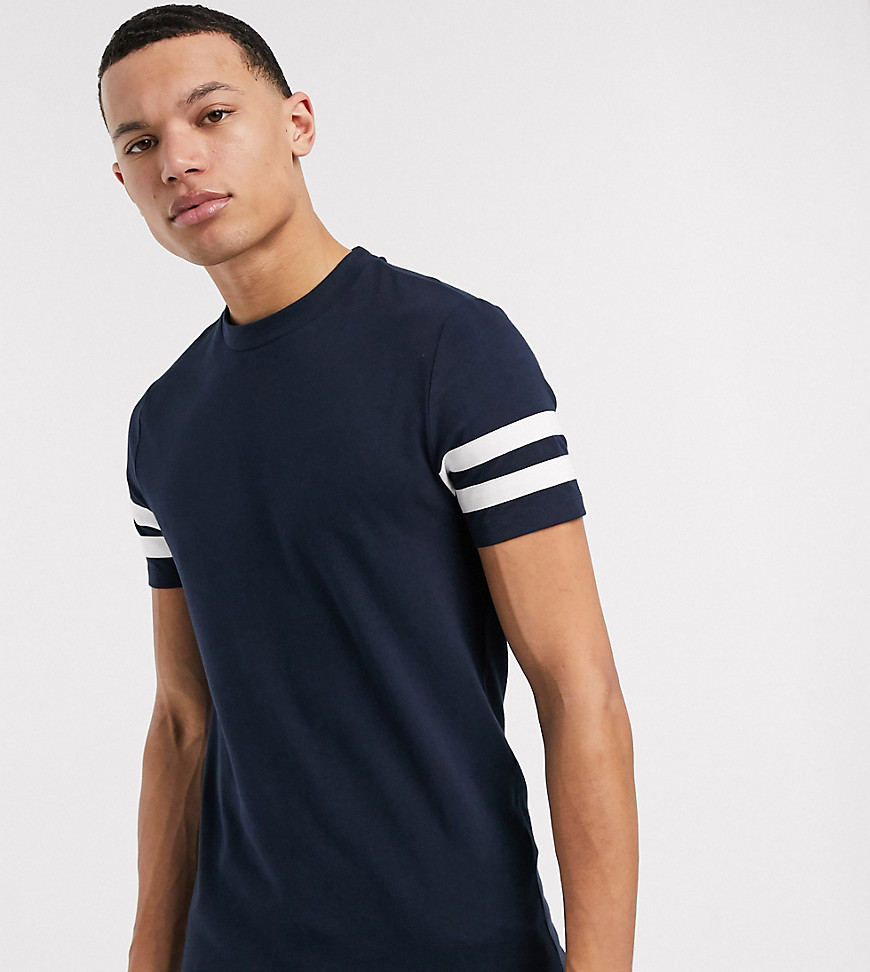 ASOS DESIGN Tall organic t-shirt with contrast sleeve stripes in navy