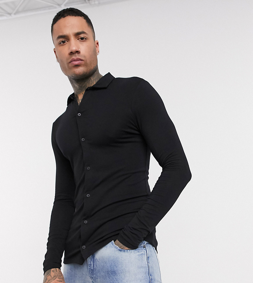 ASOS DESIGN - Tall - Organisch muscle-fit jersey overhemd met lange mouwen in zwart