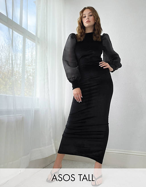 Dresses Tall organza sleeve & velvet midaxi dress with open back in black 