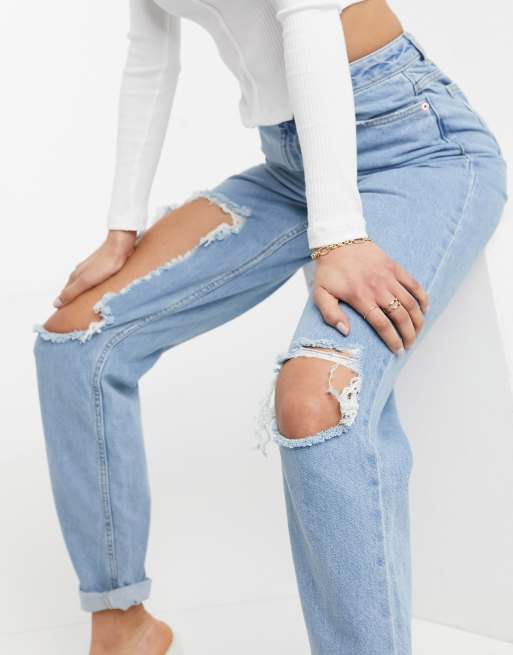 ASOS DESIGN Tall – Original – Blå mom jeans med hög midja, mellantvätt och revor, 3 av 4